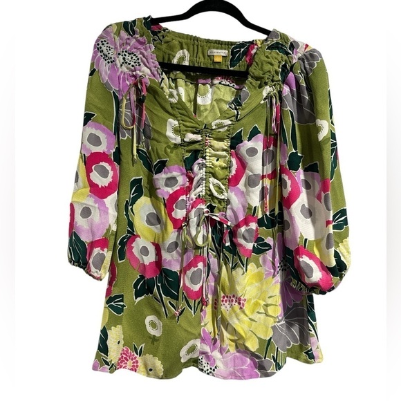 Leifsdottir silk blouse floral bright cinch small Anthropologie - Picture 1 of 5